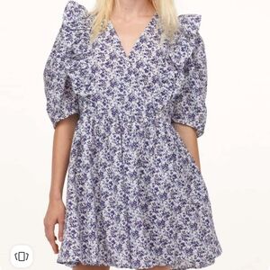 H&M Blue Floral Print Puffed Sleeve Oversized Ruffle Dress Size Large